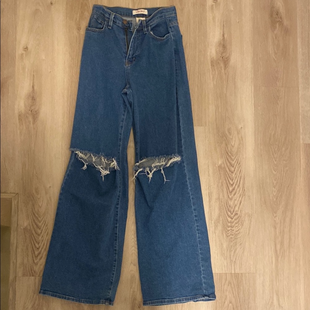 Vibrant Blue Flare Wide Leg Jeans Distressed